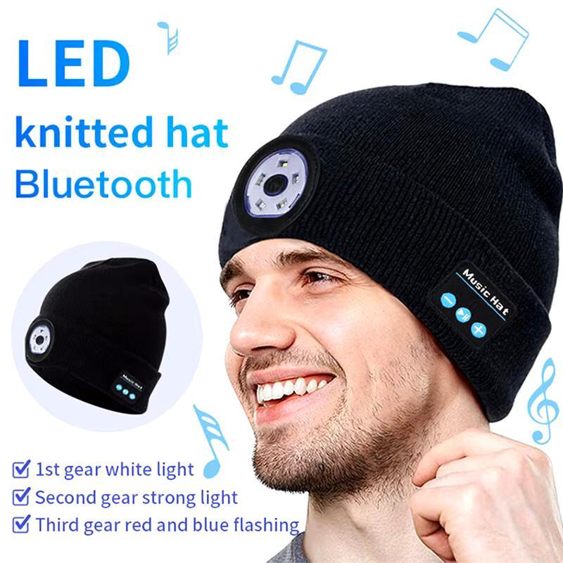 Acrylic Knit Beanie with USB Rechargeable Headlamp & Wireless Headphones,Elastic Lightweight Music Hat with Built-in Speaker Mic,Unisex Audio Cap for Outdoor Activities