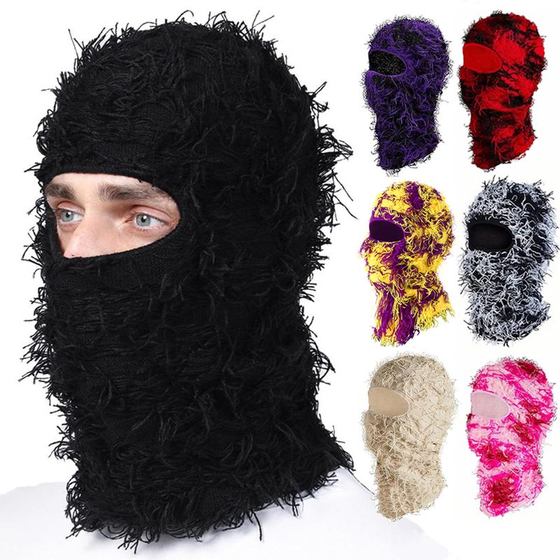 Balaclava Ski Mask - Knitting Distressed Windproof Full Face Mask For Men Women Elasticity Size Full Face Cover Windproof Thermal Ski Mask, Outdoor Halloween Style Knit Headgear