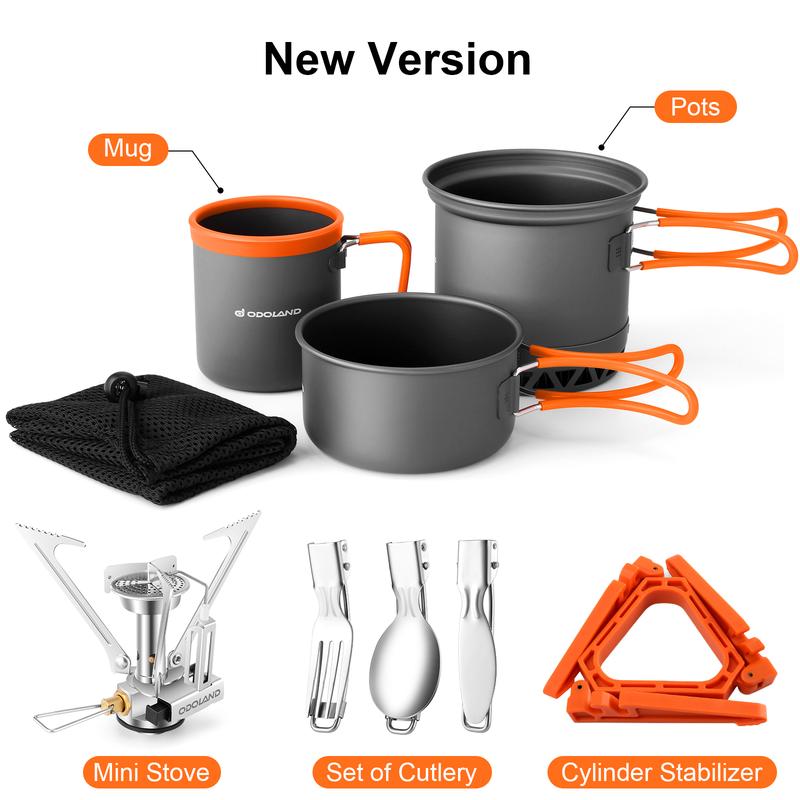 Odoland Camping Pots with Heat Exchanger Camping Cooking Set with Portable Camping Stove Camping Mess Kit Include Mug, Folding Utensil Set, Canister Stabilizer for Backpacking Outdoor Hiking & Picnic [Fuel not included]