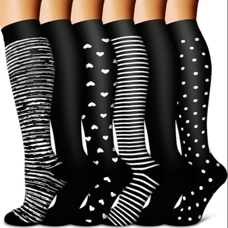 Patchwork Print Compression Socks, 6 Pairs Casual Comfy Breathable Sports Socks for Running Jogging Hiking, Men & Women Socks for Fall & Winter