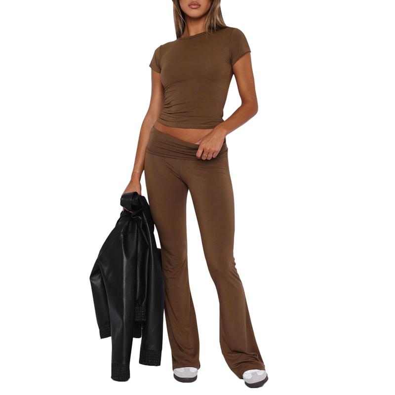 Women Basic Two Piece Outfits Y2k Short Sleeve Crop Top and Fold Over Flare Pants SetLounge Yoga Tracksuit