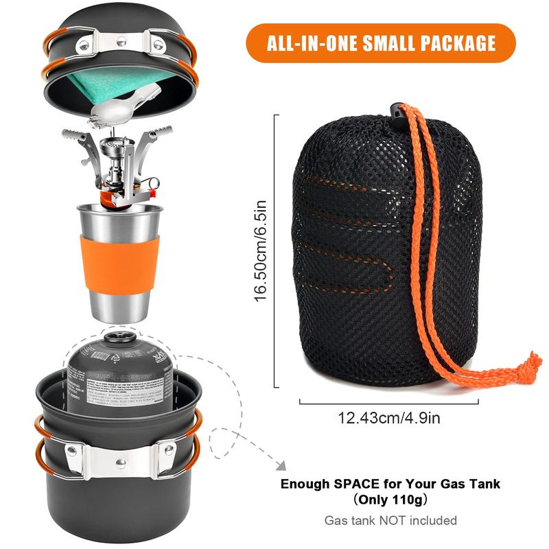 Odoland Camping Pots with Heat Exchanger Camping Cooking Set with Portable Camping Stove Camping Mess Kit Include Mug, Folding Utensil Set, Canister Stabilizer for Backpacking Outdoor Hiking & Picnic [Fuel not included]