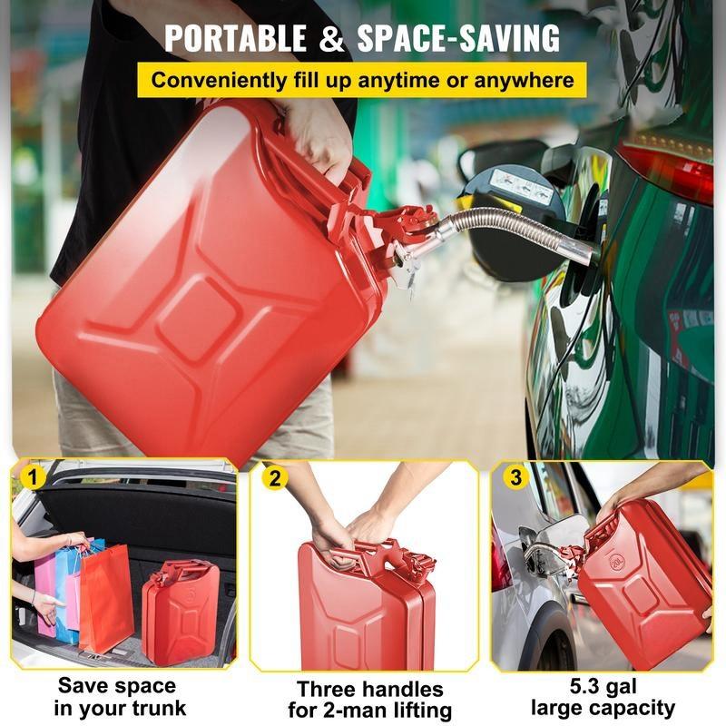 Jerry Fuel Can, 5.3 Gallon   20 L Portable Jerry Gas Can with Flexible Spout System, Rustproof ＆ Heat-resistant Steel Fuel Tank for Cars Trucks Equipment, Red， Authentic NATO Jerry Can and Spout System