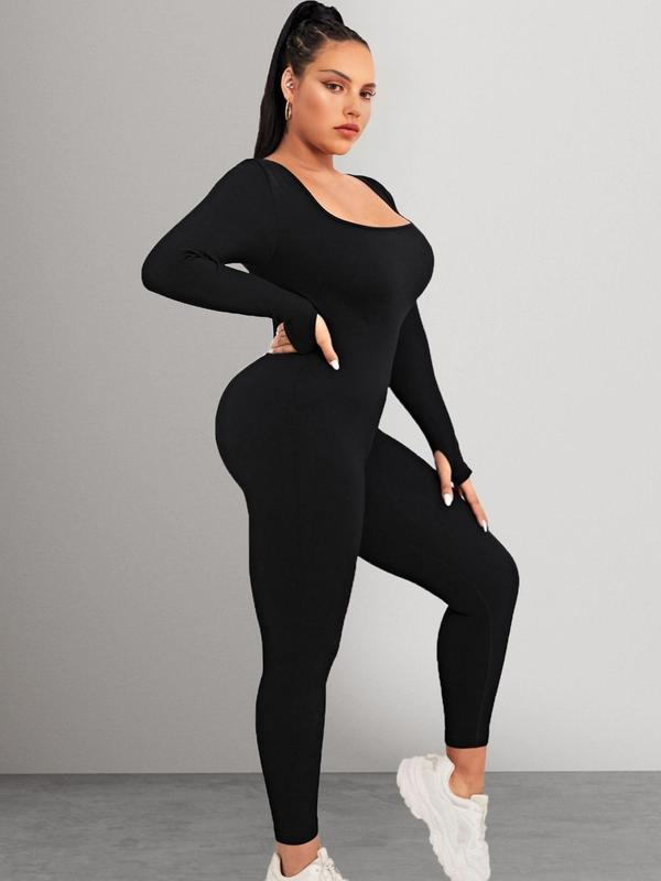 Plus Size Basic Solid Long Sleeve Square Neck Sports Jumpsuit, Sporty High Stretch Seamless Jumpsuit for Yoga Gym Workout,  Jumpsuit for Women, Women's Sport Outdoor Clothing, Tummy Control