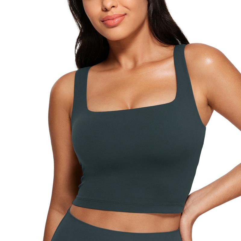 CRZ YOGA Butterluxe Womens Square Neck Longline Sports Bra - Workout Crop Tank Tops Padded with Built in Shelf Yoga Bra