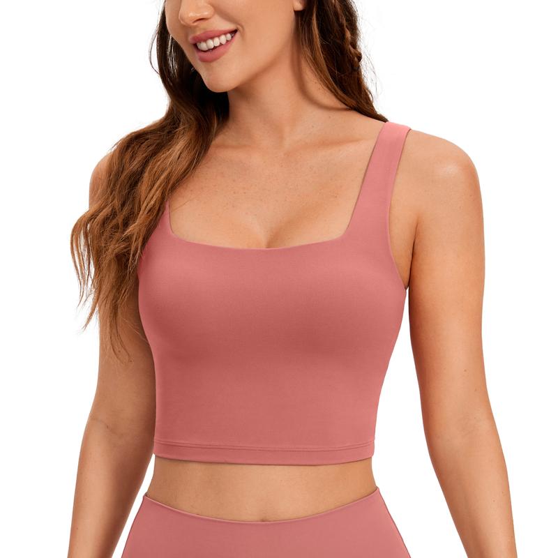 CRZ YOGA Butterluxe Womens Square Neck Longline Sports Bra - Workout Crop Tank Tops Padded with Built in Shelf Yoga Bra