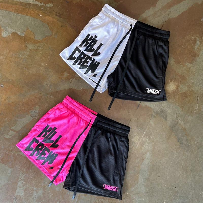 [Kill Crew] Muay Thai Shorts 2 Tone - Black   White, Unisex, Mid Thigh Cut, Pockets, Gym Shorts, Elastic Waistband, Long drawcord with wax tips