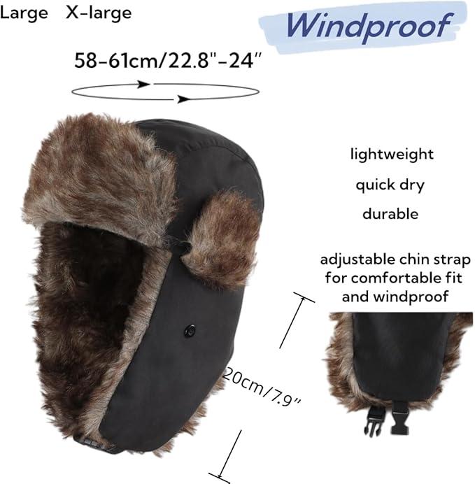 Trapper Hat Warm Faux Fur Winter Hat with Ear Flaps Windproof Waterproof Snow Ski Hats for Men Women Cold Weather