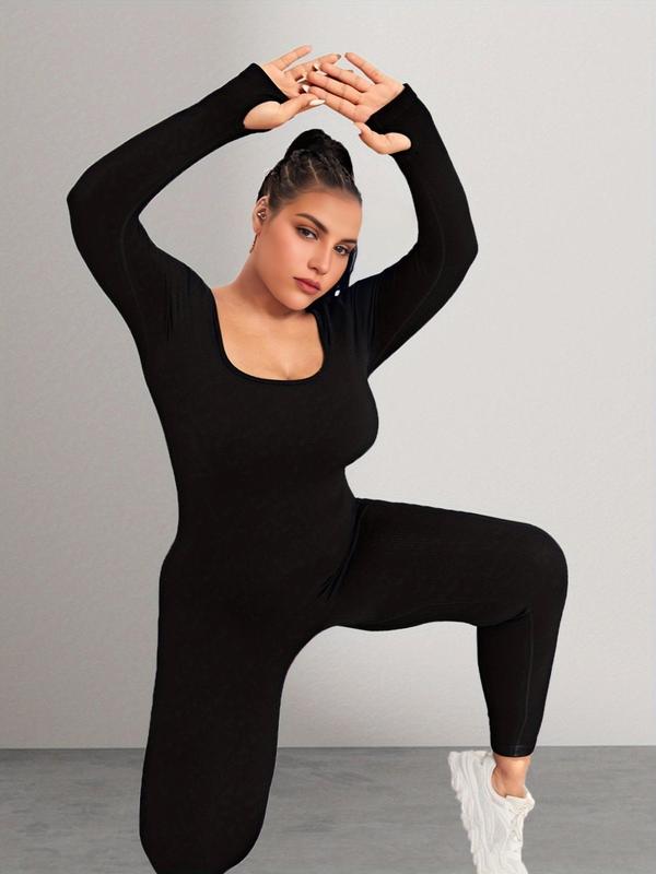 Plus Size Basic Solid Long Sleeve Square Neck Sports Jumpsuit, Sporty High Stretch Seamless Jumpsuit for Yoga Gym Workout,  Jumpsuit for Women, Women's Sport Outdoor Clothing, Tummy Control