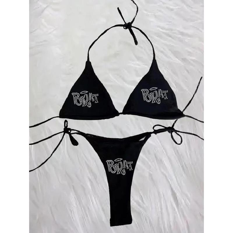 2000s Woman Punk New Beach Swimwear gothic clothes BRAT Rhinestone printing Grunge Swimsuit Bikini Y2K Bathing Suits Lace Up ﻿