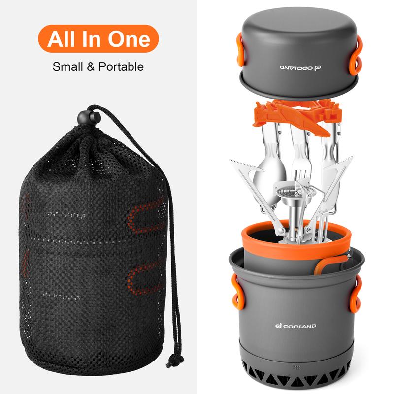 Odoland Camping Pots with Heat Exchanger Camping Cooking Set with Portable Camping Stove Camping Mess Kit Include Mug, Folding Utensil Set, Canister Stabilizer for Backpacking Outdoor Hiking & Picnic [Fuel not included]