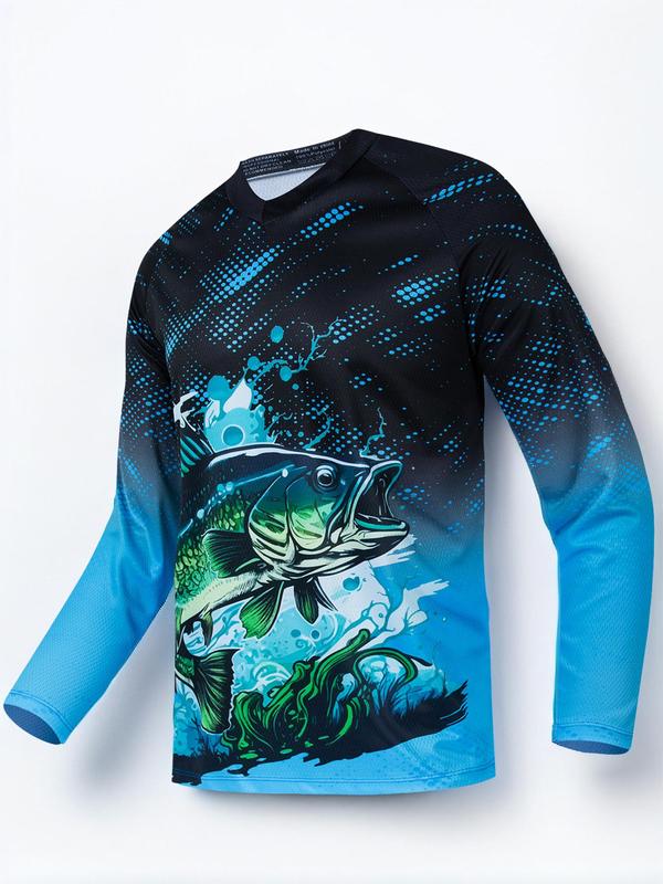 Sporty Men's Fish Print V Neck Sports Tee, Gym Clothing, Casual Stretchy Raglan Sleeve Long Sleeve T-shirt for Gym Workout Running, Sport & Outdoor Clothing for Summer, Compression Shirt, Gym Clothes, Men's Tops