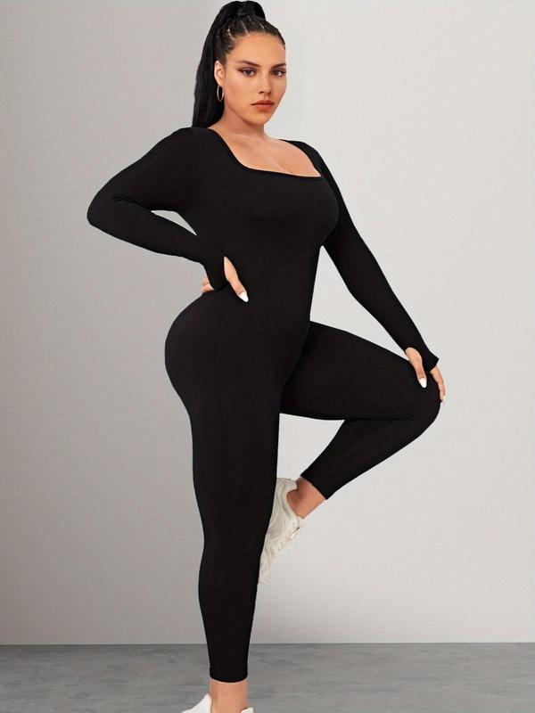 Plus Size Basic Solid Long Sleeve Square Neck Sports Jumpsuit, Sporty High Stretch Seamless Jumpsuit for Yoga Gym Workout,  Jumpsuit for Women, Women's Sport Outdoor Clothing, Tummy Control