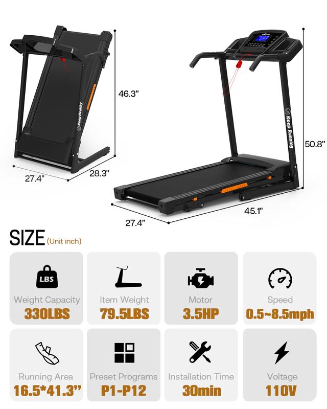 330LBS Capacity Folding Treadmill with 3-Level Incline, 3.5HP Motor, Up to 8.5MPH Speed, LED Display and Pulse Monitor