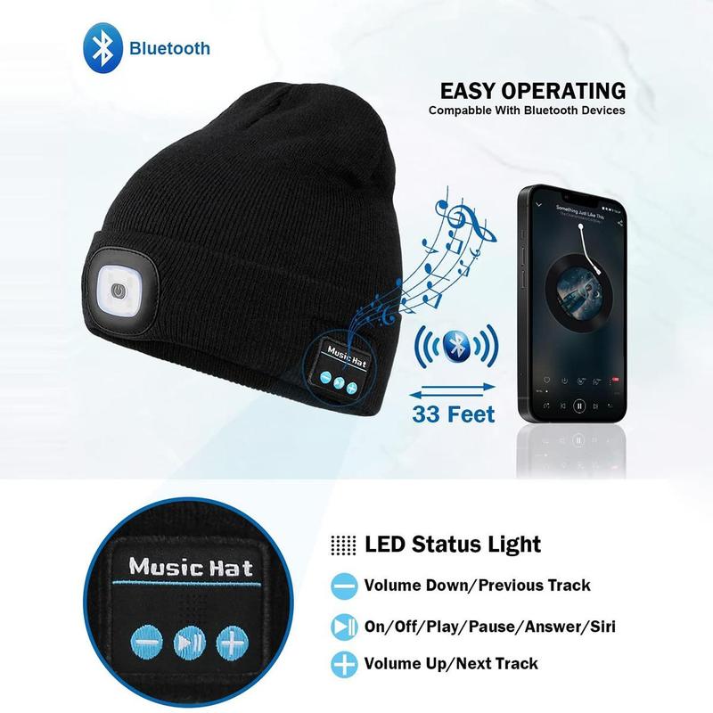 Acrylic Knit Beanie with USB Rechargeable Headlamp & Wireless Headphones,Elastic Lightweight Music Hat with Built-in Speaker Mic,Unisex Audio Cap for Outdoor Activities