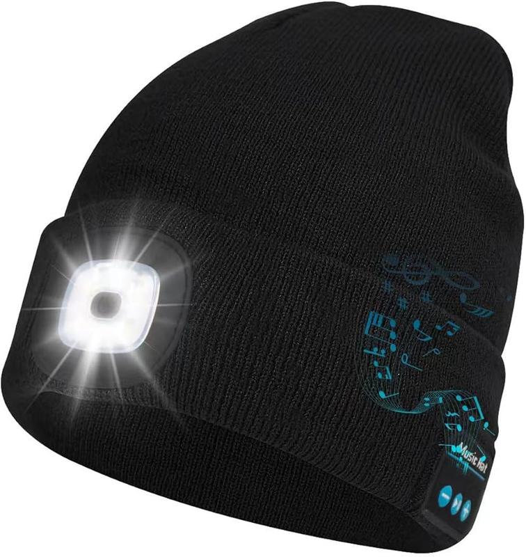 Acrylic Knit Beanie with USB Rechargeable Headlamp & Wireless Headphones,Elastic Lightweight Music Hat with Built-in Speaker Mic,Unisex Audio Cap for Outdoor Activities