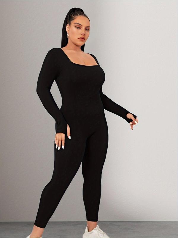 Plus Size Basic Solid Long Sleeve Square Neck Sports Jumpsuit, Sporty High Stretch Seamless Jumpsuit for Yoga Gym Workout,  Jumpsuit for Women, Women's Sport Outdoor Clothing, Tummy Control