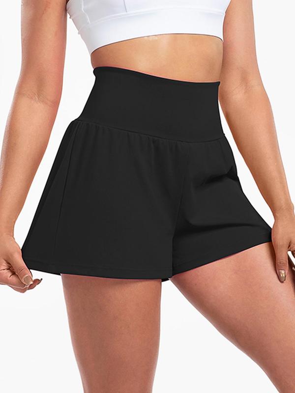 Women's 2 in 1 High Waist Sports Shorts, Solid Breathable Pocket Design Wide Waistband Shorts, Ladies Sportswear Gym Shorts for Indoor Outdoor Wear,  Gym Clothing