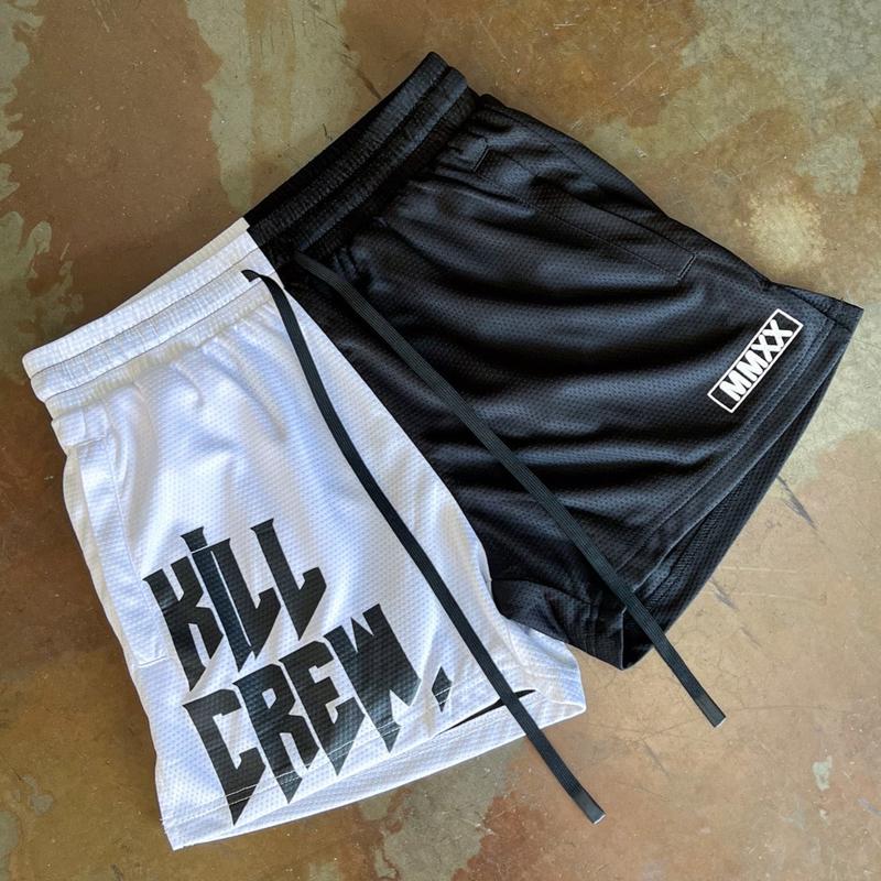 [Kill Crew] Muay Thai Shorts 2 Tone - Black   White, Unisex, Mid Thigh Cut, Pockets, Gym Shorts, Elastic Waistband, Long drawcord with wax tips