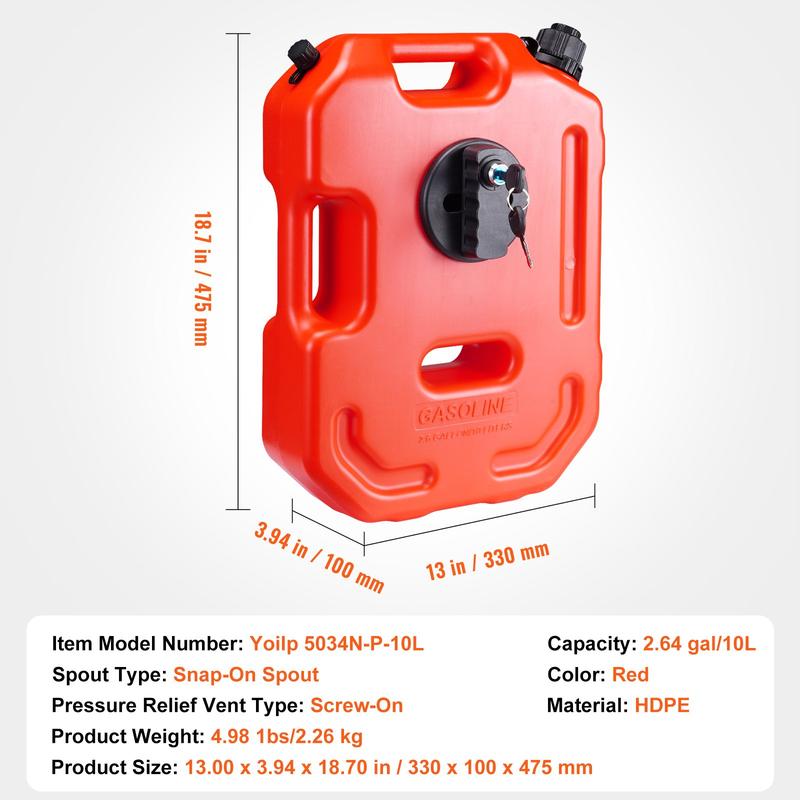 VEVOR Gas Can, 2.64 Gallon 10L, Fuel Tank with Spout and Lockable Bracket, Storage Gasoline Container, Auto-Off Function & Adjustable Flow Rate, Compatible with Most Cars Motorcycle SUV ATV UTV, Red