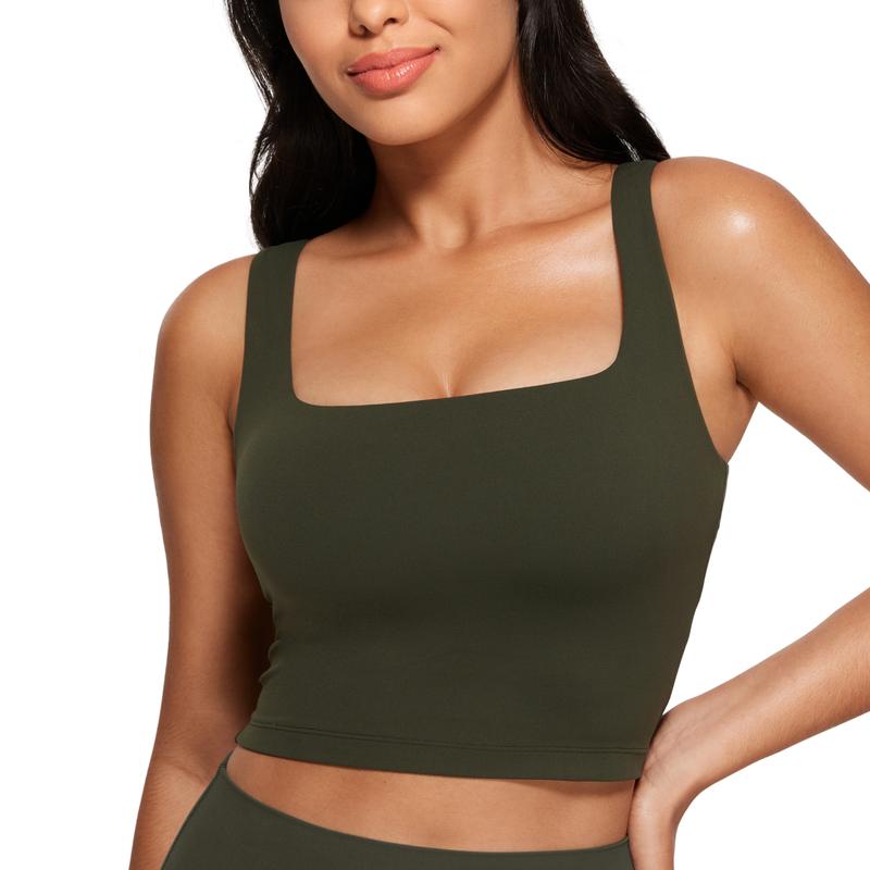 CRZ YOGA Butterluxe Womens Square Neck Longline Sports Bra - Workout Crop Tank Tops Padded with Built in Shelf Yoga Bra