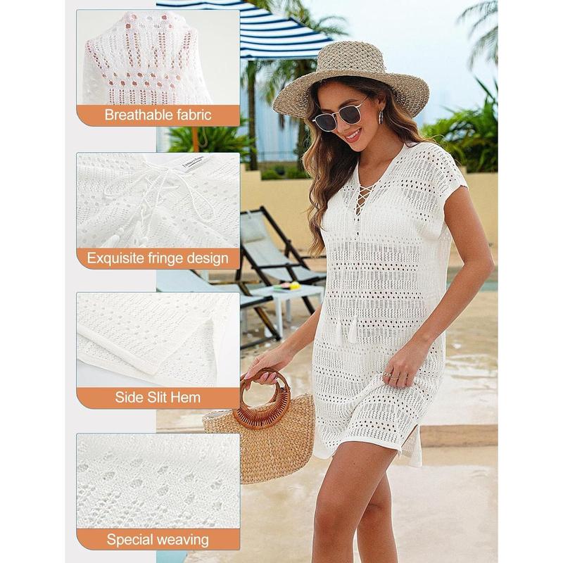 GRACE KARIN Womens Swimsuit Cover Ups 2024 Crochet Short Sleeve V Neck Summer Beach Bikini Swimwear Bathing Suit Coverups Dress