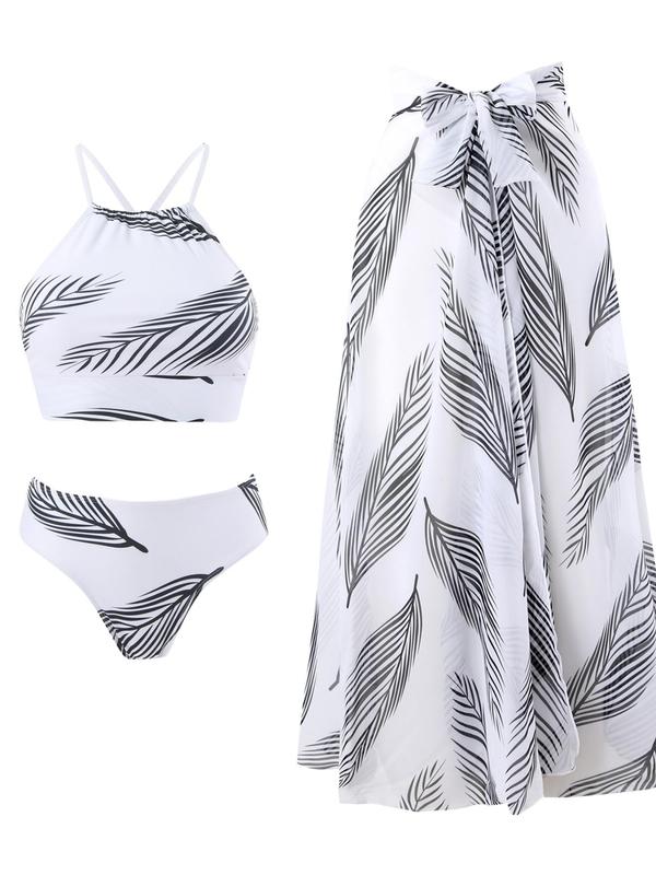 Women's Leaf Print Padded Swimsuit Set, Casual Criss Cross Swim Bra & Bow Decor Cover Up Skirt & Swim Panty, Boho Swimwear Set for Beach Holiday