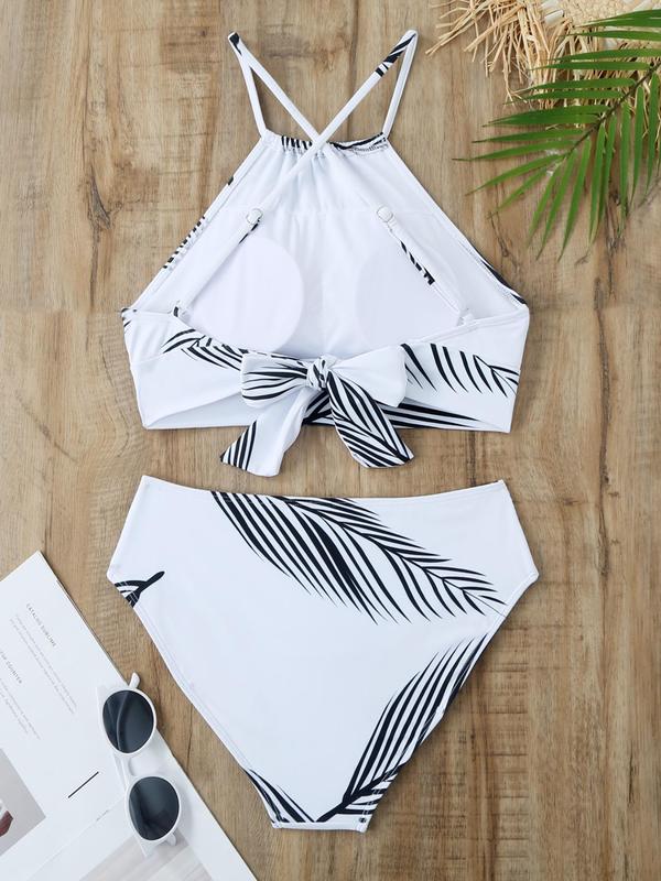 Women's Leaf Print Padded Swimsuit Set, Casual Criss Cross Swim Bra & Bow Decor Cover Up Skirt & Swim Panty, Boho Swimwear Set for Beach Holiday