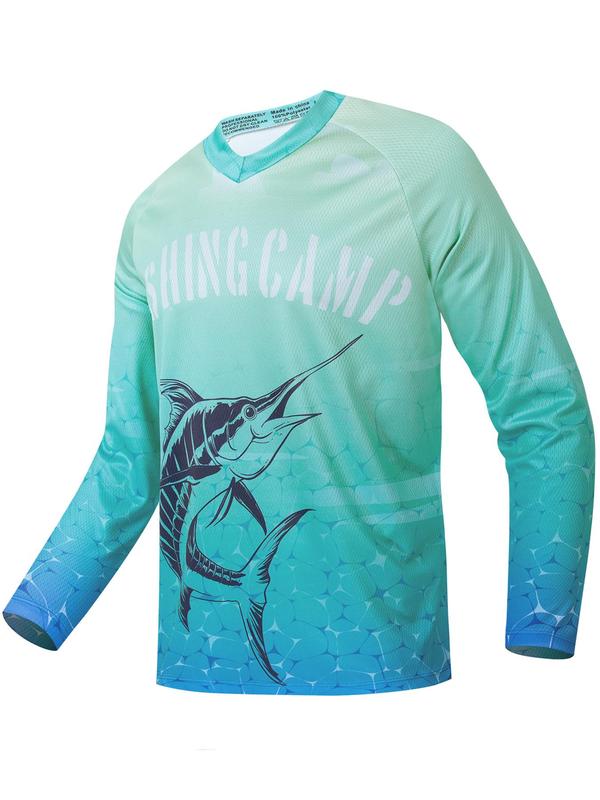 Sporty Men's Fish Print V Neck Sports Tee, Gym Clothing, Casual Stretchy Raglan Sleeve Long Sleeve T-shirt for Gym Workout Running, Sport & Outdoor Clothing for Summer, Compression Shirt, Gym Clothes, Men's Tops