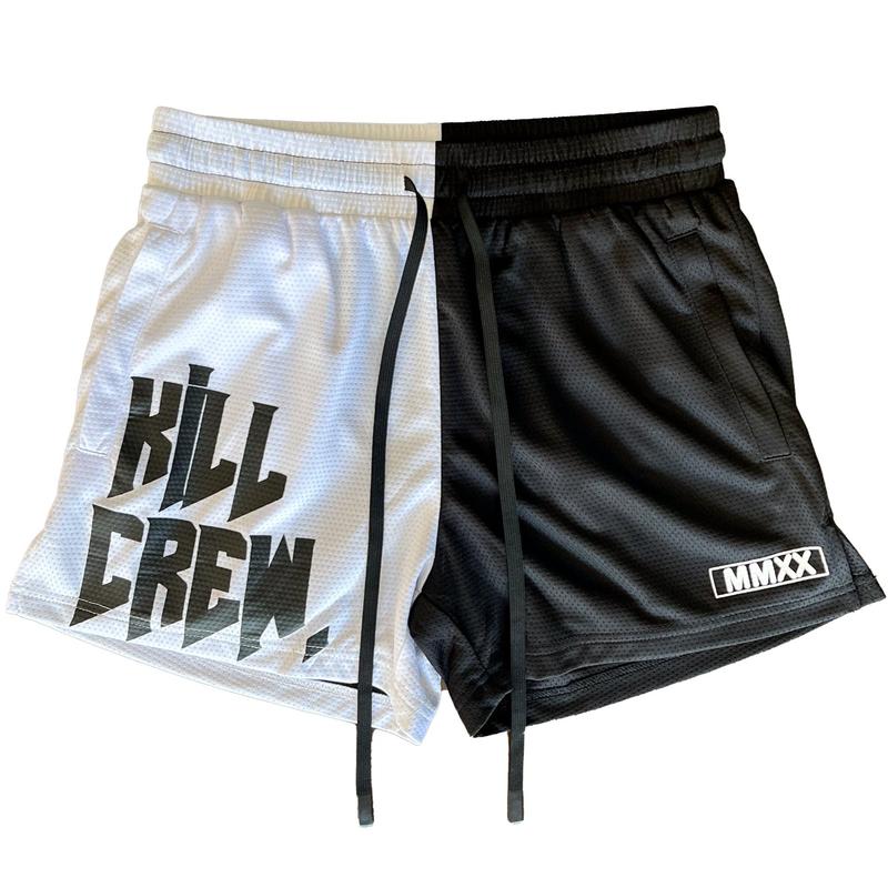 [Kill Crew] Muay Thai Shorts 2 Tone - Black   White, Unisex, Mid Thigh Cut, Pockets, Gym Shorts, Elastic Waistband, Long drawcord with wax tips