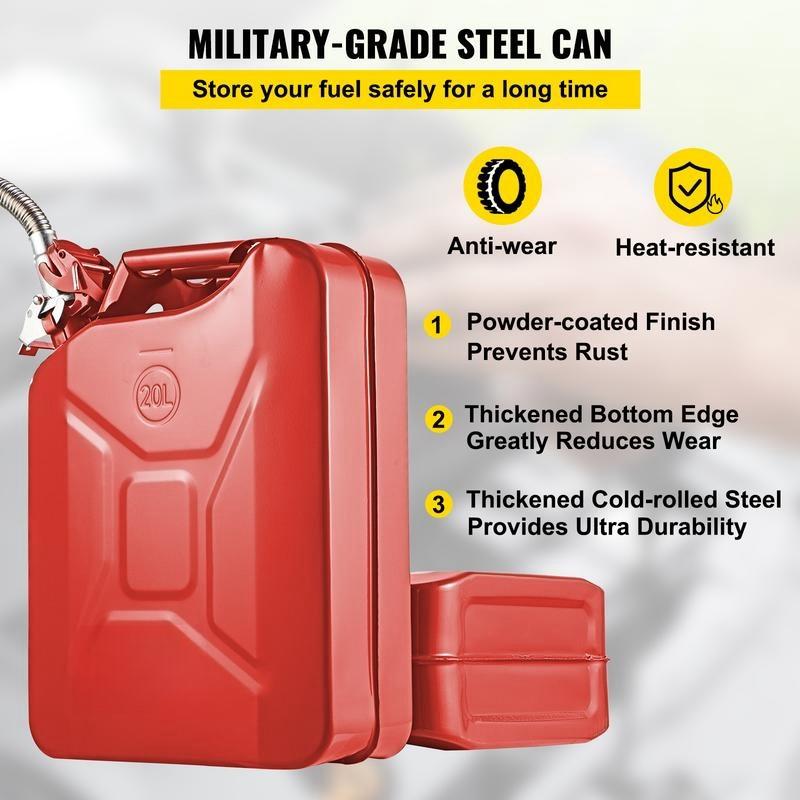 Jerry Fuel Can, 5.3 Gallon   20 L Portable Jerry Gas Can with Flexible Spout System, Rustproof ＆ Heat-resistant Steel Fuel Tank for Cars Trucks Equipment, Red， Authentic NATO Jerry Can and Spout System