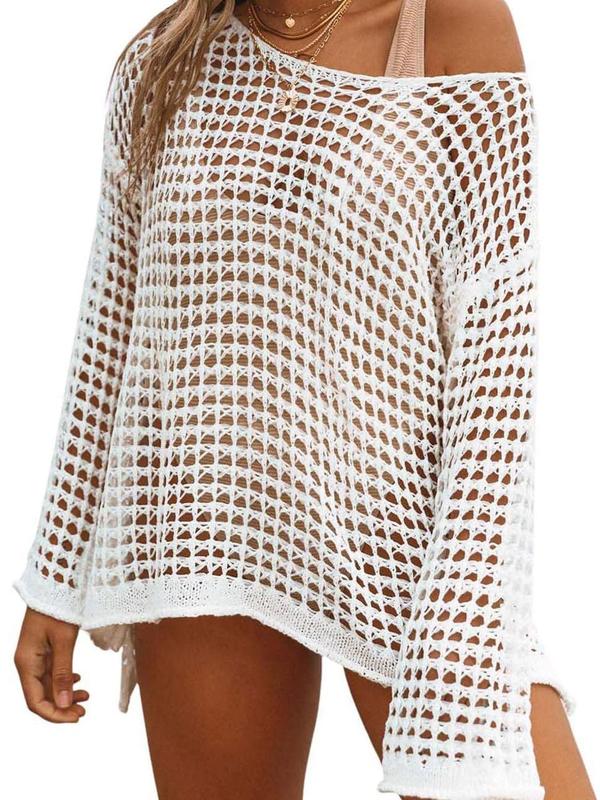 Women's Solid Crochet Hollow Out Side Split One Shoulder Cover Up, Fashion Casual Drop Shoulder Long Sleeve Top for Women Beach Holiday Vacation, Summer Outfits 2024 , Swimsuits 2024 Women, Women's Summer Back To School Clothing