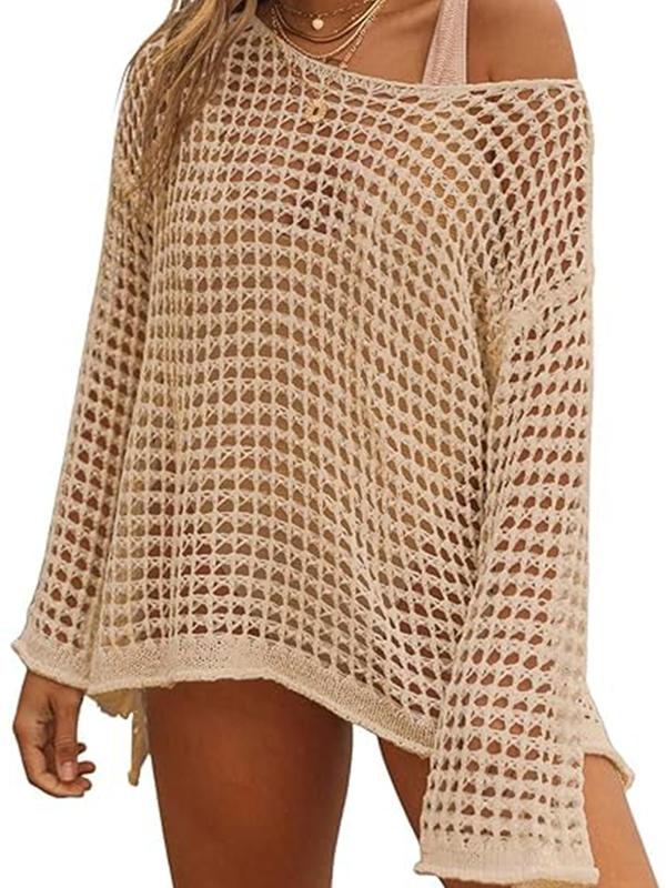 Women's Solid Crochet Hollow Out Side Split One Shoulder Cover Up, Fashion Casual Drop Shoulder Long Sleeve Top for Women Beach Holiday Vacation, Summer Outfits 2024 , Swimsuits 2024 Women, Women's Summer Back To School Clothing