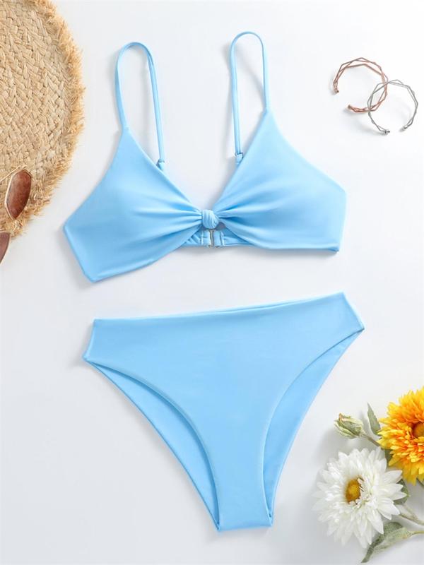 Two-piece Set Women's Solid Twist Triangle Bra & High Waist Panty 2024 Summer Bikini Set, Casual Two-piece Swimsuit for Beach Holiday, Women's Summer Swimsuit