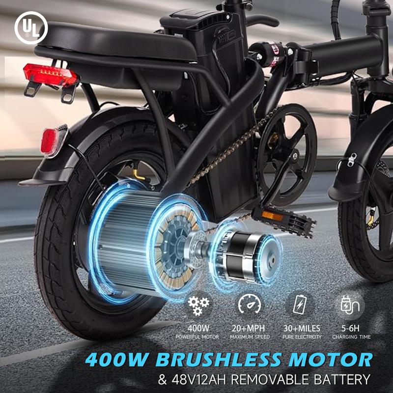 APYEAR Electric Bike 14Inch Folding for Adults,400W Motor 30+ Miles,Maximum speed 20+MPH E-Bike,48V12Ah Removable Battery,Air Tires Front and Rear Disc Brake Design LED Display Portable Ebike,Can Carry 2 People Electric Bicycle