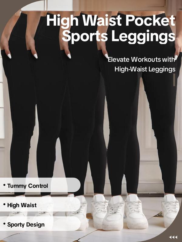 Women's Solid High Waist Pocket Sports Leggings, Casual Comfy Breathable Skinny Pants for Yoga Gym Workout Running, Ladies Sportswear for All Seasons, Tummy Control