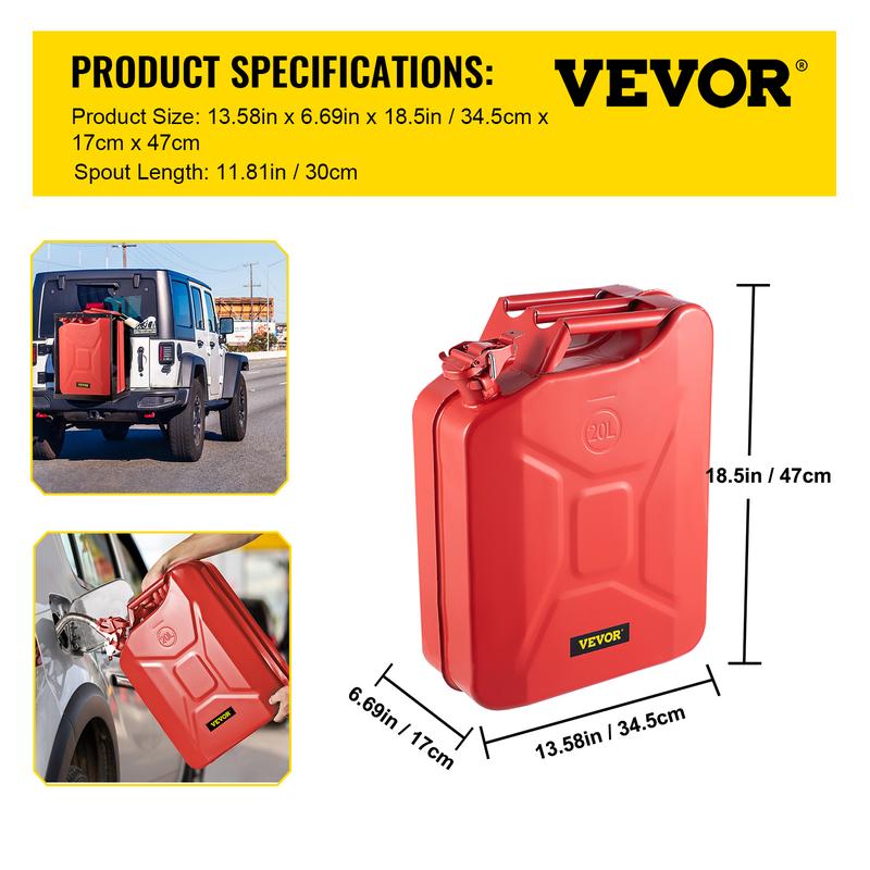 VEVOR Jerry Fuel Can, 5.3 Gallon   20 L Portable Jerry Gas Can with Flexible Spout System, Rustproof ＆ Heat-resistant Steel Fuel Tank for Cars Trucks Equipment, Red， Authentic NATO Jerry Can and Spout System