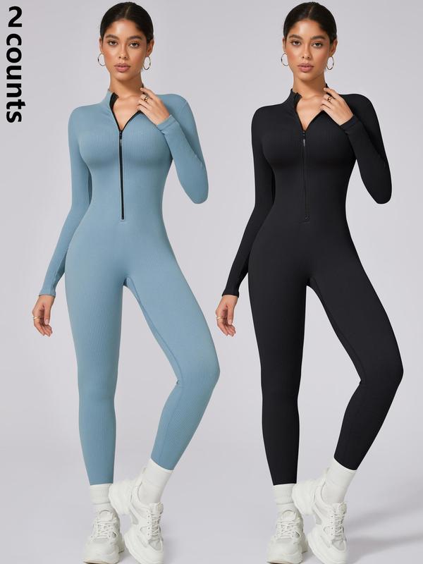 Women's Solid Zip Up Sports Jumpsuit, Casual Comfy Breathable Long Sleeve Bodycon Jumpsuit for Yoga Gym Workout, Ladies Sportswear for Fall & Winter