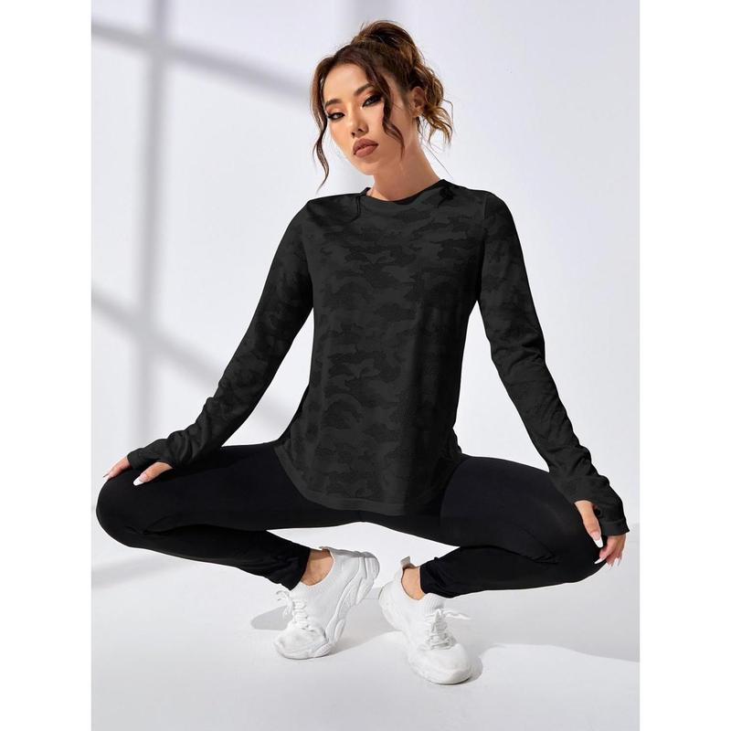 Camo Print Sport Tee Wrap Cut Out T Shirts Long Sleeve Yoga Basic Activewear Tops under shirt outfit