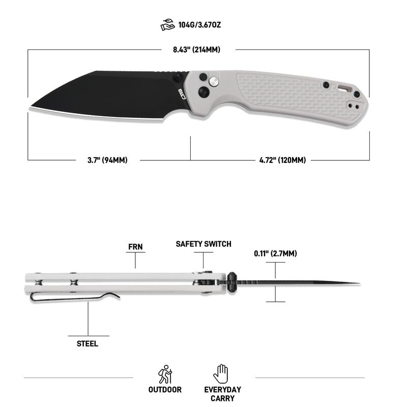 CJRB Large Pyrite-Light Knives Black PVD Coating AR-RPM9 Steel Blade Light Grey FRN Handle, J1945L