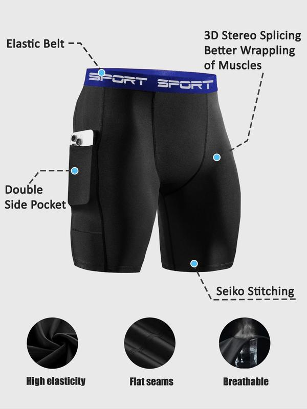 Men's Solid Pocket Sports Shorts, Quick Drying Breathable Compression Shorts, Tight-fitting Sports Bottoms for Gym Workout Running Cycling