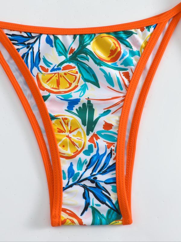 Women's Fruit Print Tie Back Bikini Set Bikinis for Summer 2024, Boho Style Halter Neck Triangle Swim Bra & Tie Side Swim Bottom, Chic Ladies Bathing Suit