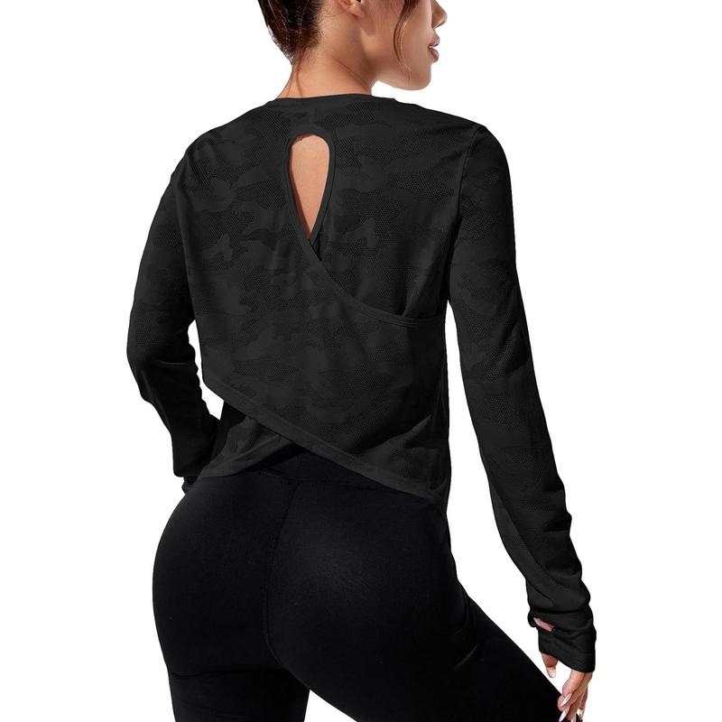 Camo Print Sport Tee Wrap Cut Out T Shirts Long Sleeve Yoga Basic Activewear Tops under shirt outfit