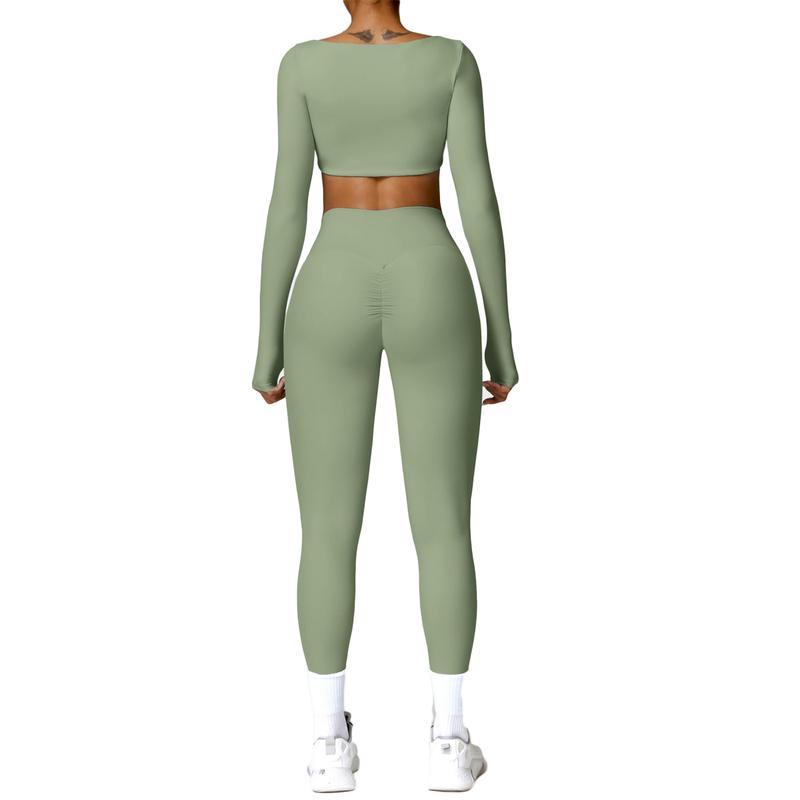 Kabuer Women's Workout Set - Twist Front Long Sleeve Crop Top and High Waist Flared Leggings