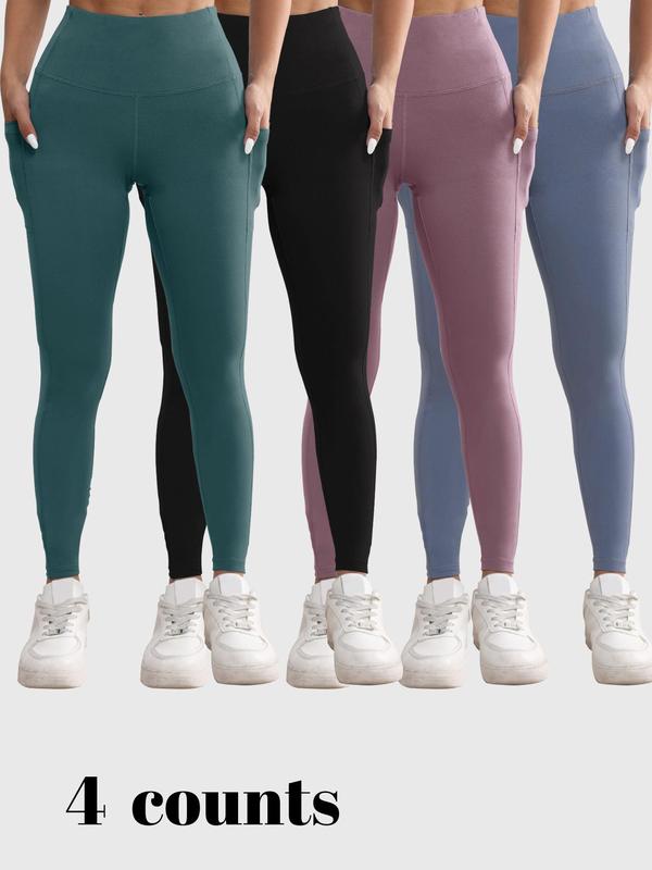 Women's Solid High Waist Pocket Sports Leggings, Casual Comfy Breathable Skinny Pants for Yoga Gym Workout Running, Ladies Sportswear for All Seasons, Tummy Control