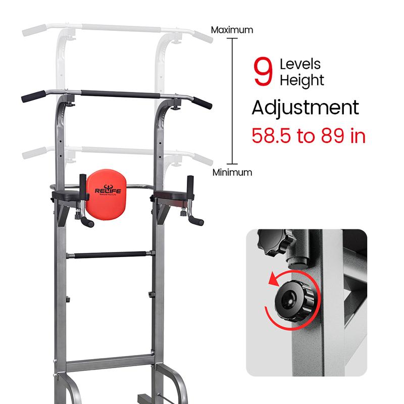 Relife Sports Adjustable Power Tower Dip Station Fitness Pull up Bar Stand for Home Gym, Multi-Function Strength Training Equipment