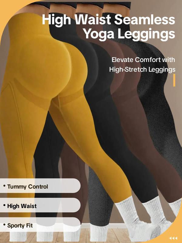 Women's Solid High Waist Sports Leggings, High Stretch Seamless Yoga Leggings, Ladies Sportswear for Indoor Outdoor Wear, Tummy Control