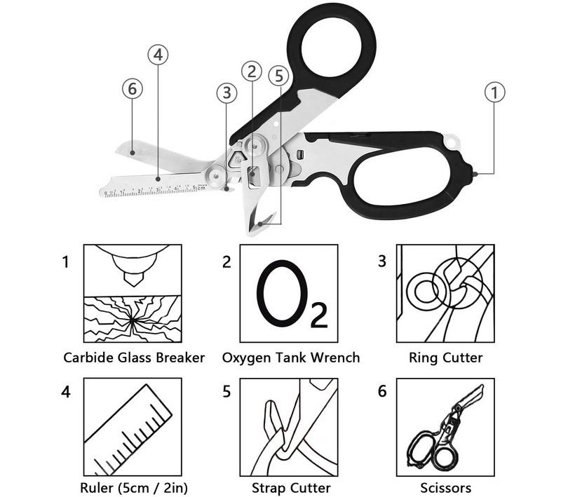 Durable stainless steel scissors with a glow-in-the-dark handle. Includes a ring cutter, window breaker, and oxygen wrench for emergencies.