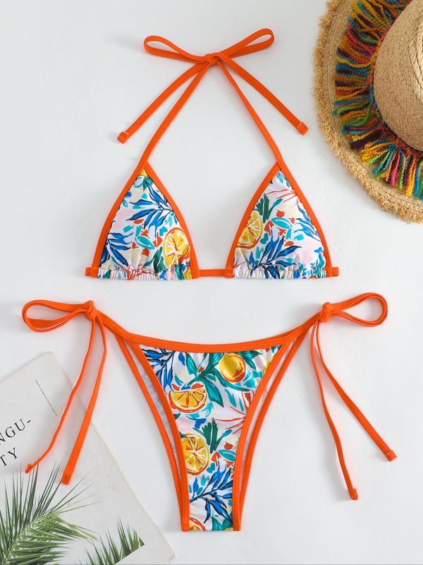 Women's Fruit Print Tie Back Bikini Set Bikinis for Summer 2024, Boho Style Halter Neck Triangle Swim Bra & Tie Side Swim Bottom, Chic Ladies Bathing Suit