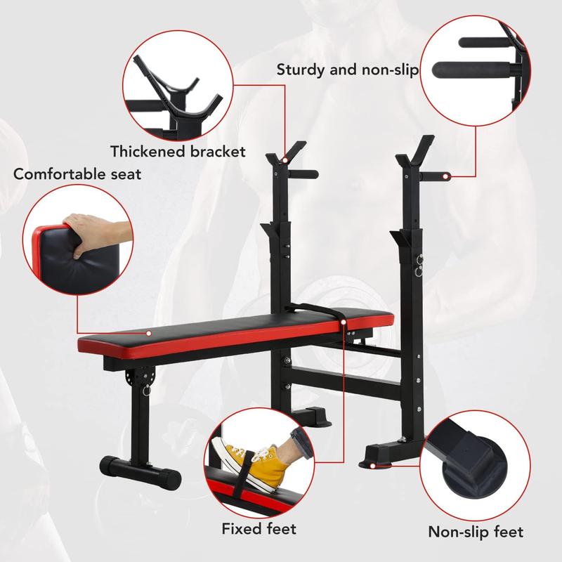 Adjustable Weight Bench with Barbell Rack,Bench Press Folding Multi-Function Workout Bench with Dip Station & Curl Bar, Weight Lifting Bench Strength Training Bench for Home Gym